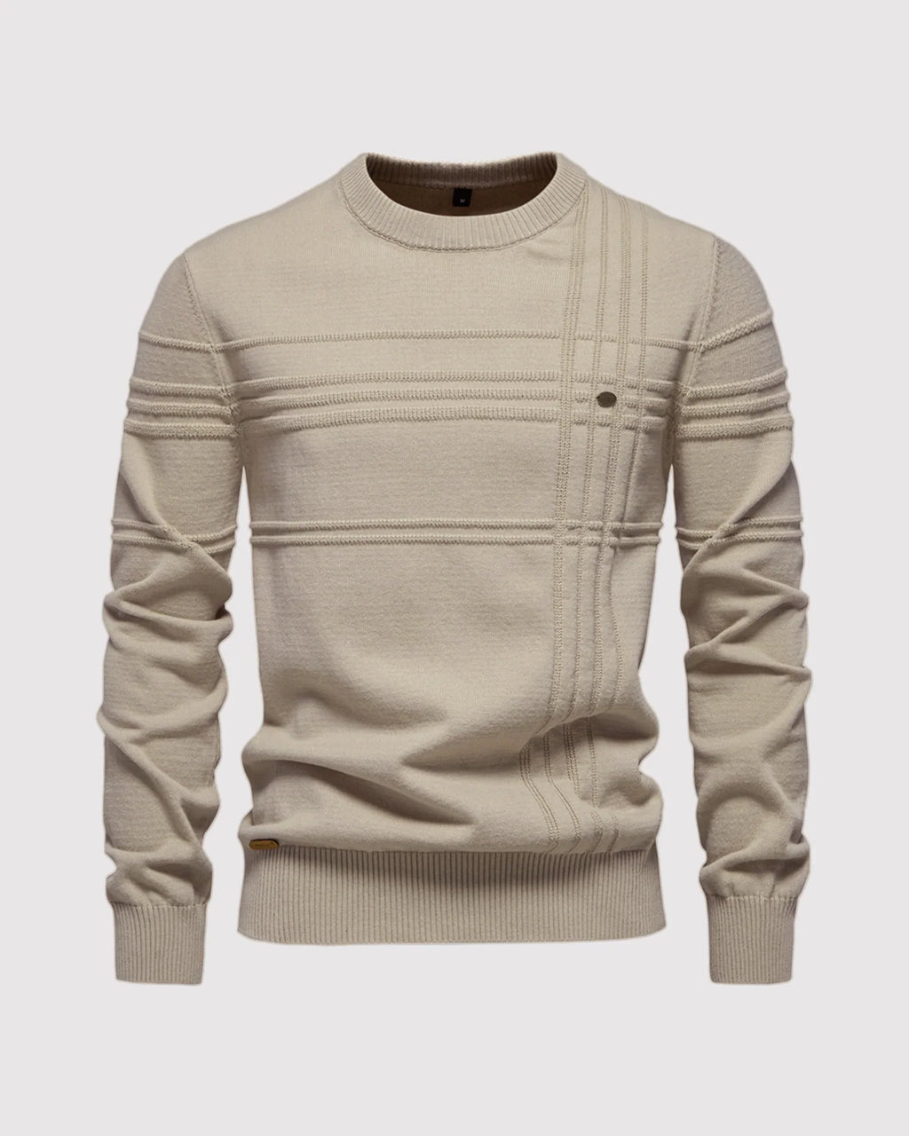 Flat lay of beige ribbed knit sweater with crew neckline