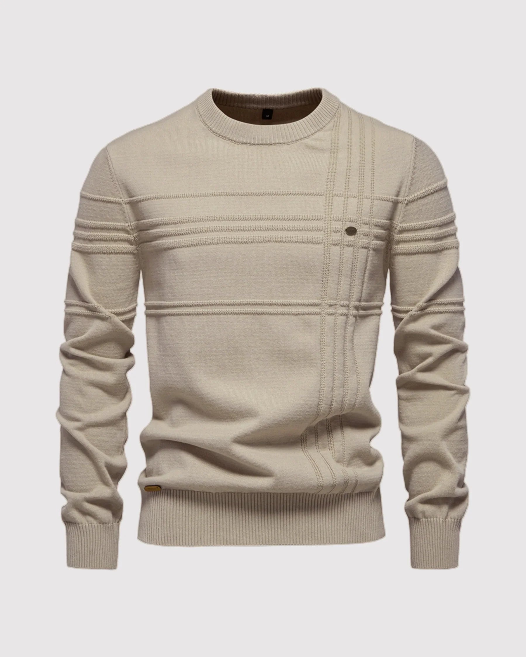 Flat lay of beige ribbed knit sweater with crew neckline
