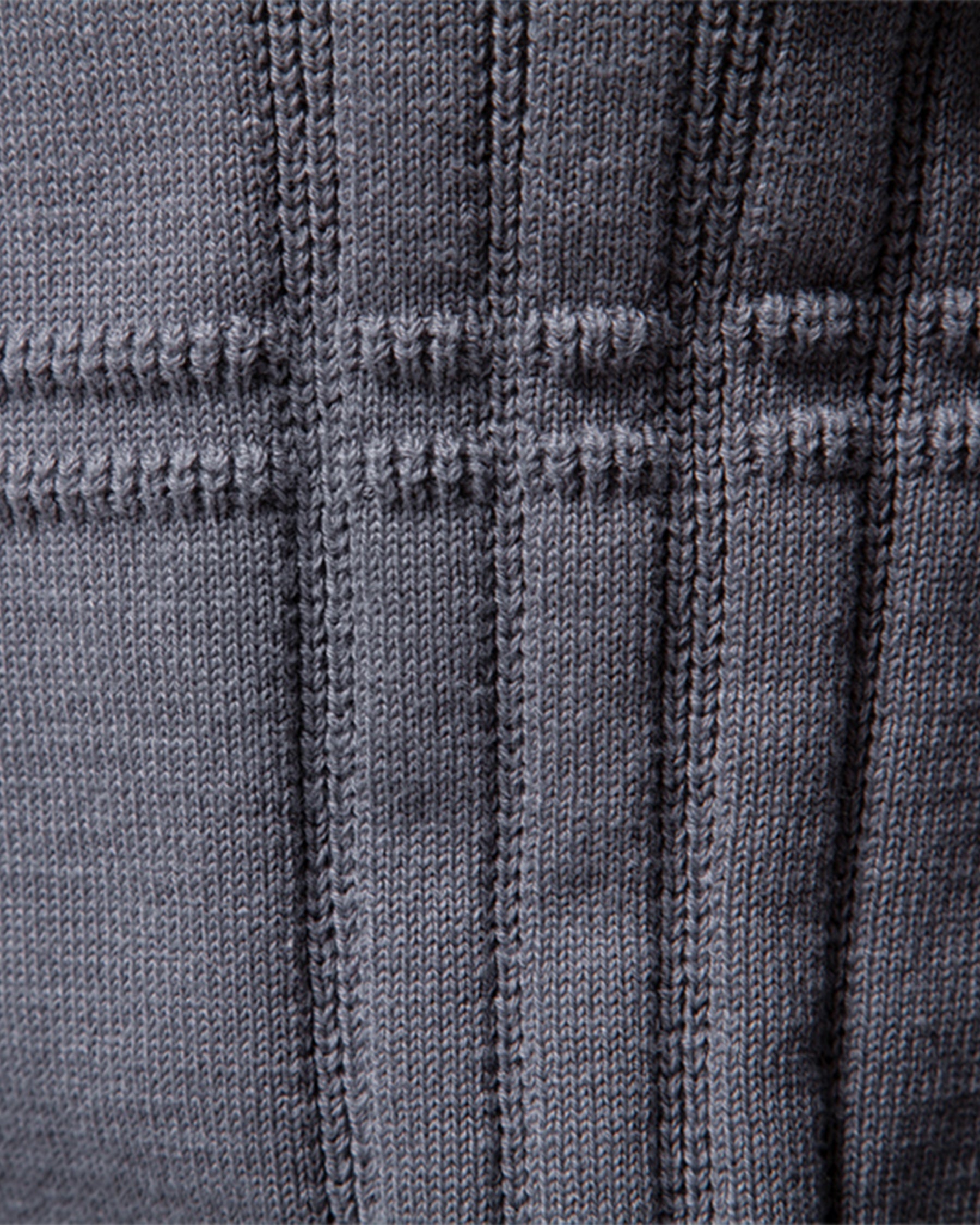 Close-up of the gray textured knit sweater showcasing the ribbed vertical knit pattern.