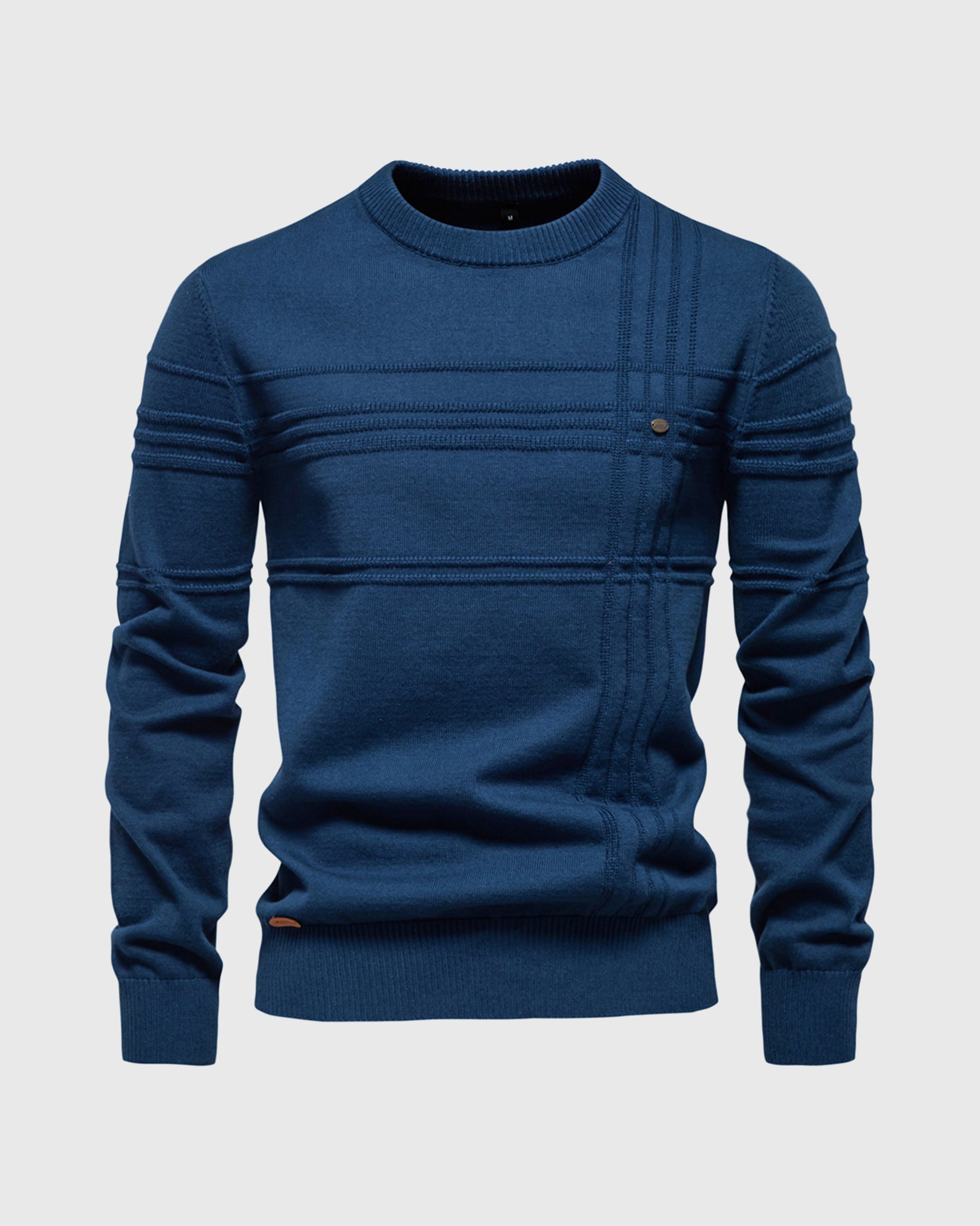 Blue textured crew neck knit sweater with ribbed cuffs and hem, displayed on a white background.