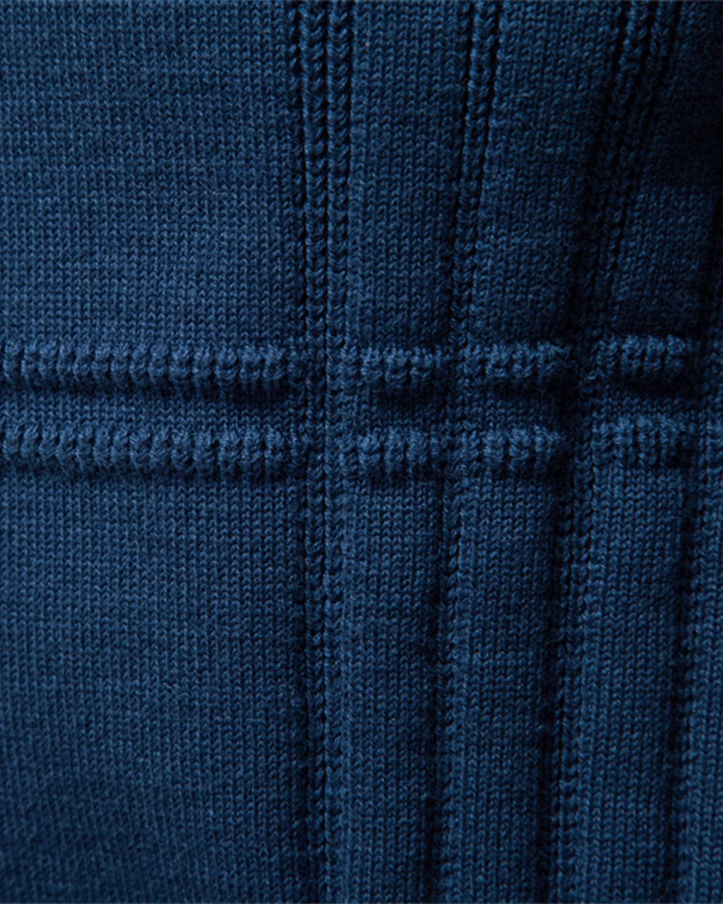 Close-up of the blue textured knit sweater showcasing the ribbed vertical knit pattern.