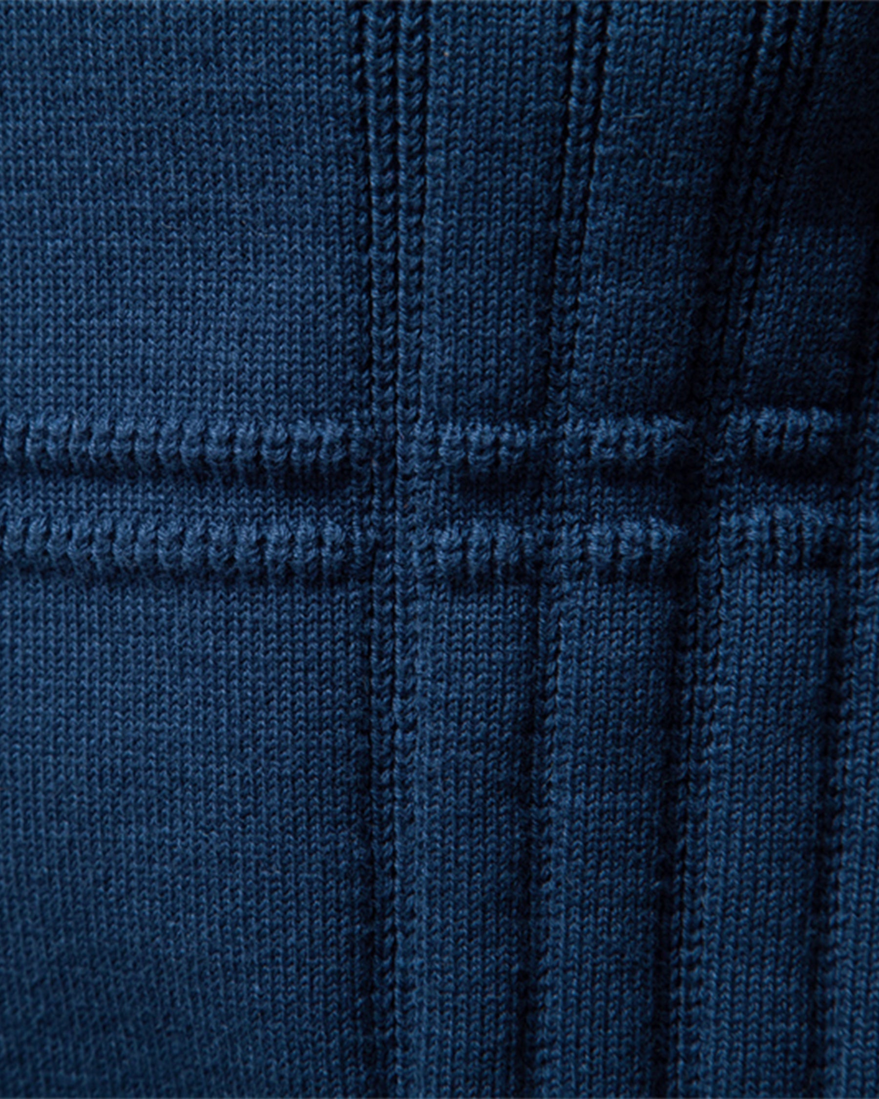 Close-up of the blue textured knit sweater showcasing the ribbed vertical knit pattern.