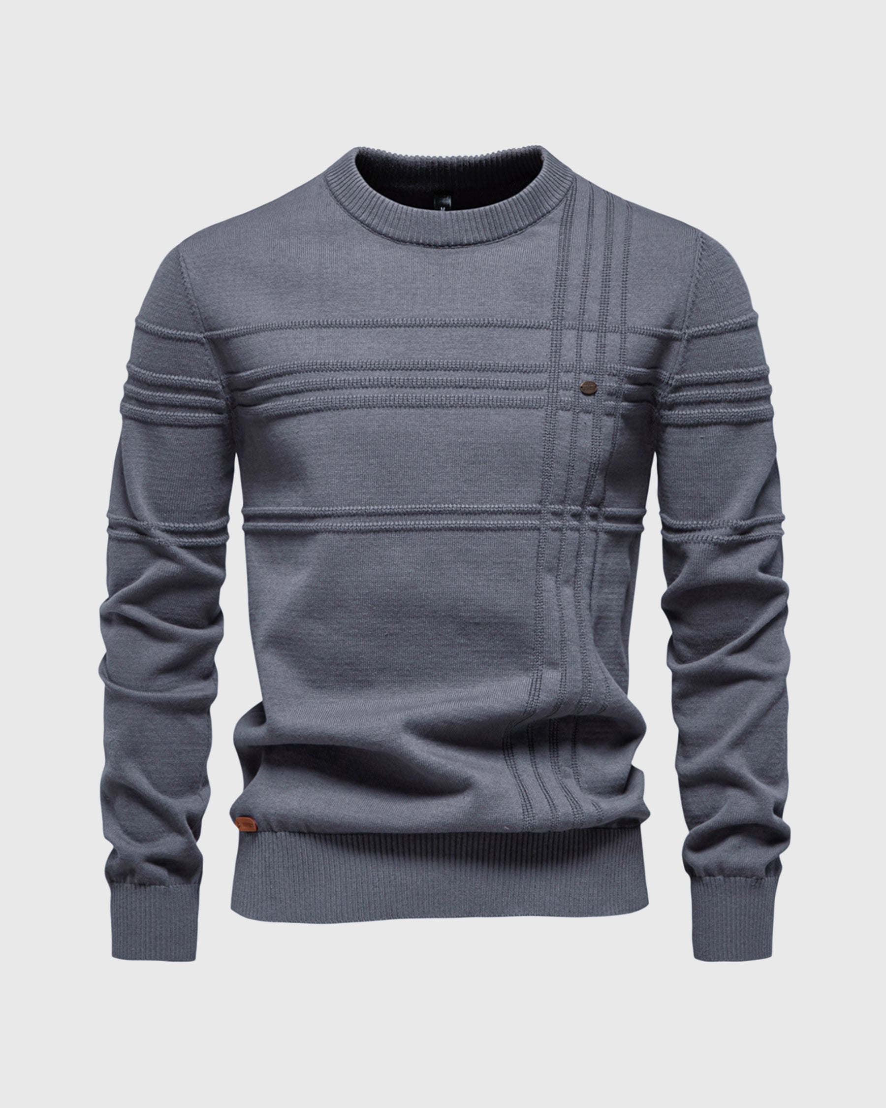 Gray textured crew neck knit sweater with ribbed cuffs and hem, displayed on a white background.