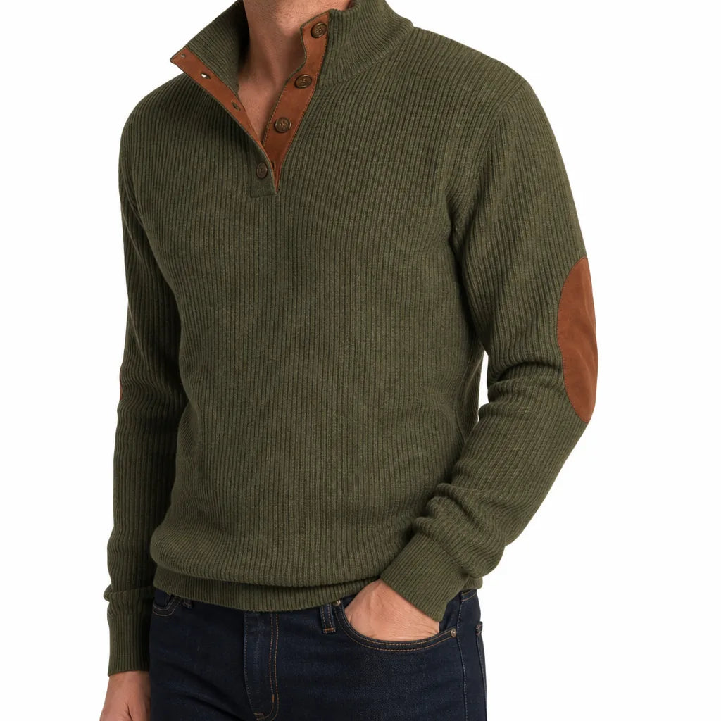 Ignazio Ribbed Knit Button Mock Neck Sweater – Contrast Trim Elbow Patch Pullover