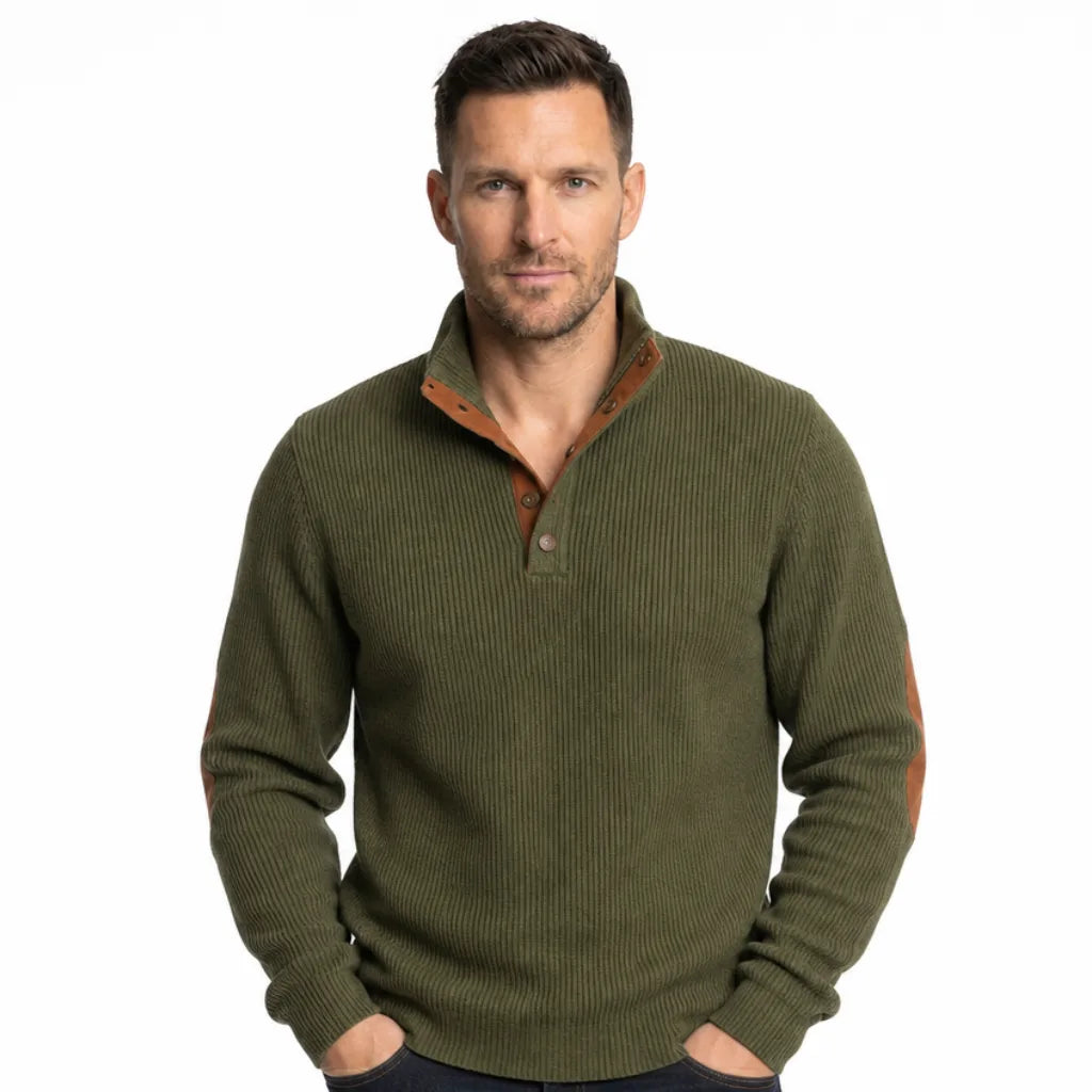 Ignazio Ribbed Knit Button Mock Neck Sweater – Contrast Trim Elbow Patch Pullover