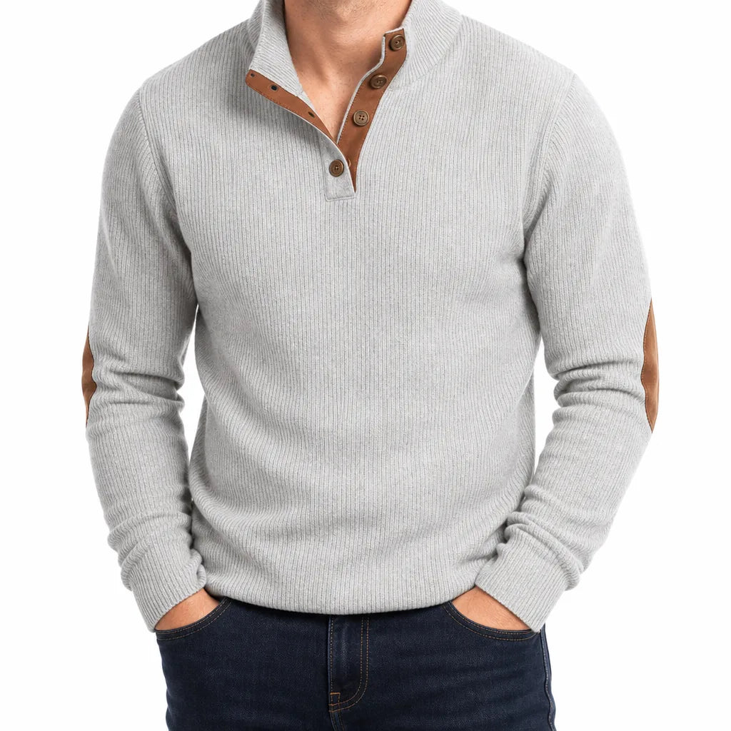 Ignazio Ribbed Knit Button Mock Neck Sweater – Contrast Trim Elbow Patch Pullover