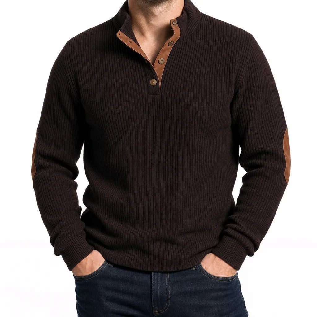 Ignazio Ribbed Knit Button Mock Neck Sweater – Contrast Trim Elbow Patch Pullover