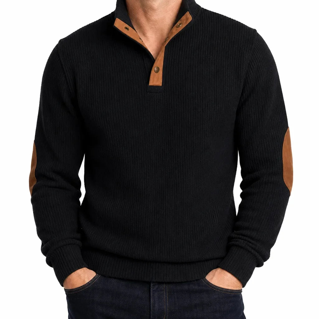 Ignazio Ribbed Knit Button Mock Neck Sweater – Contrast Trim Elbow Patch Pullover