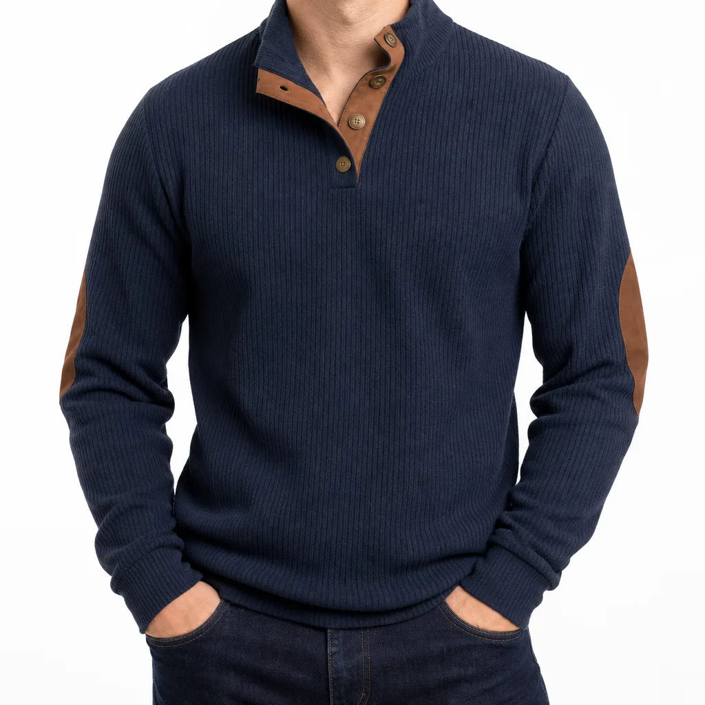 Ignazio Ribbed Knit Button Mock Neck Sweater – Contrast Trim Elbow Patch Pullover