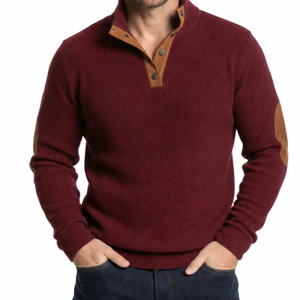 Ignazio Ribbed Knit Button Mock Neck Sweater – Contrast Trim Elbow Patch Pullover