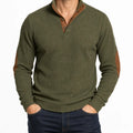 Ignazio Ribbed Knit Button Mock Neck Sweater – Contrast Trim Elbow Patch Pullover