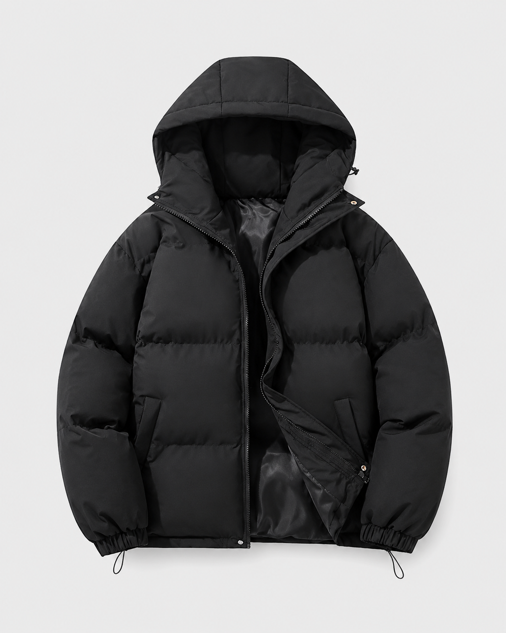 A black insulated hooded puffer jacket with a padded design, shown from the front
