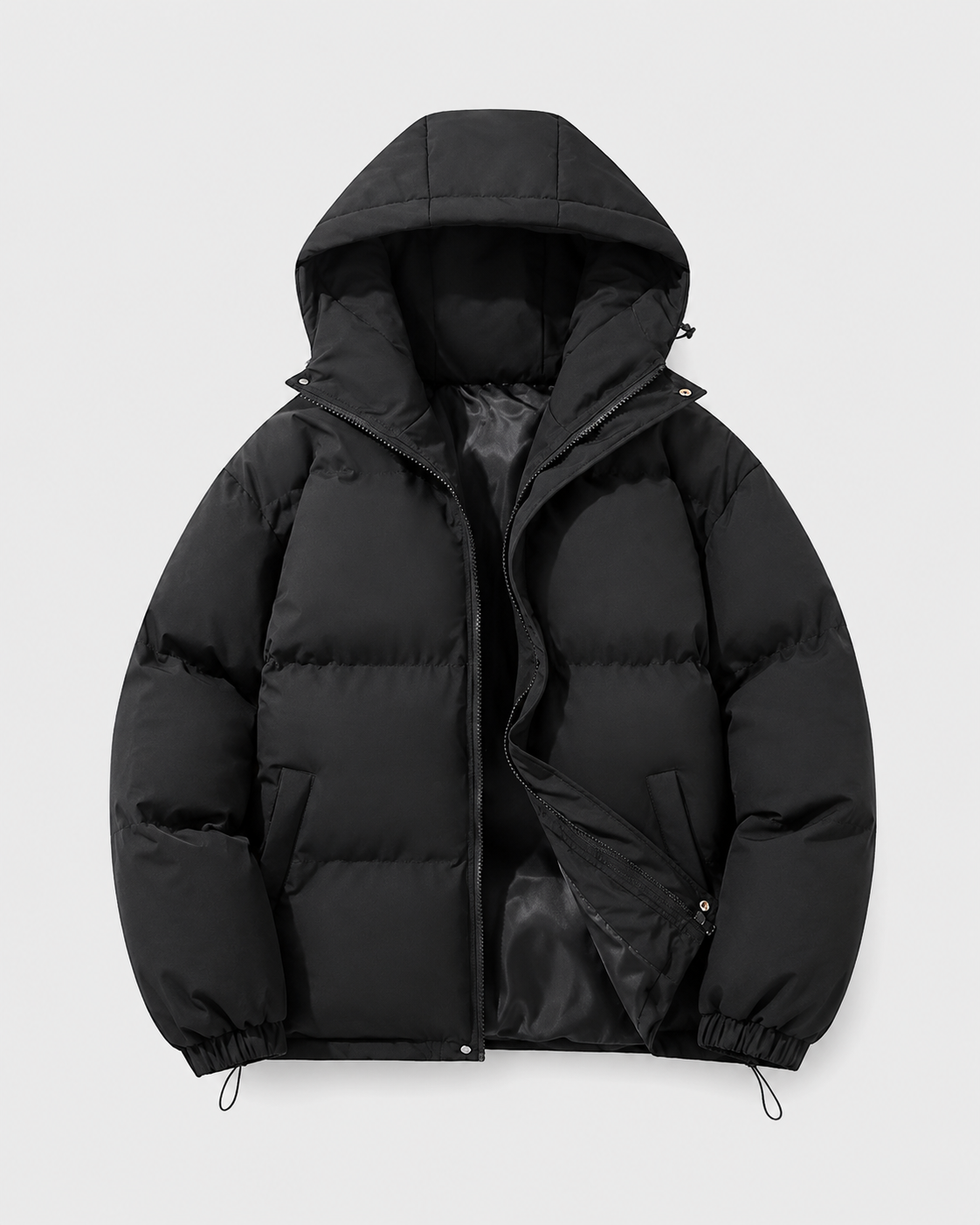 A black insulated hooded puffer jacket with a padded design, shown from the front