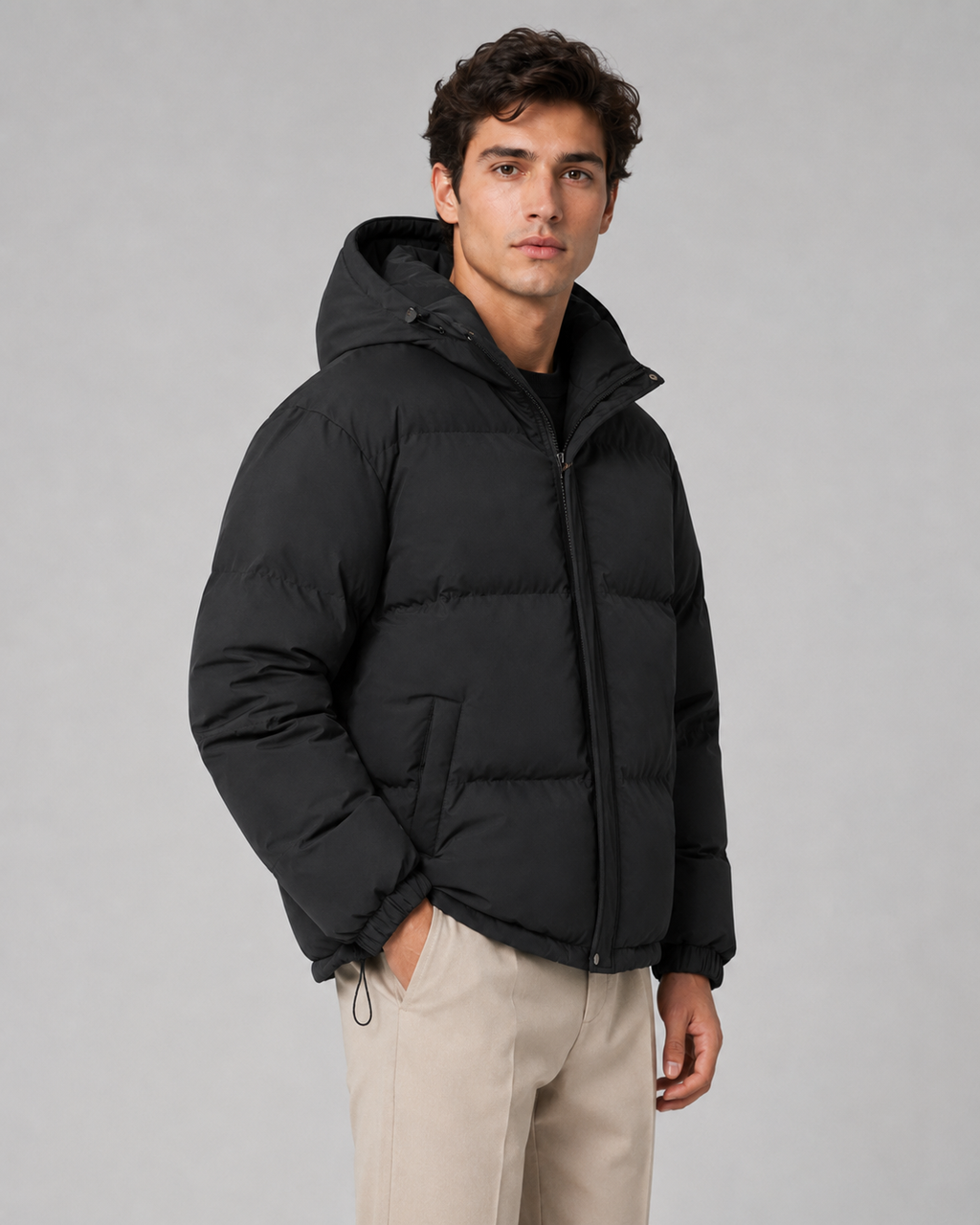 A man wearing a black insulated hooded puffer jacket with a padded design and drawstring hem
