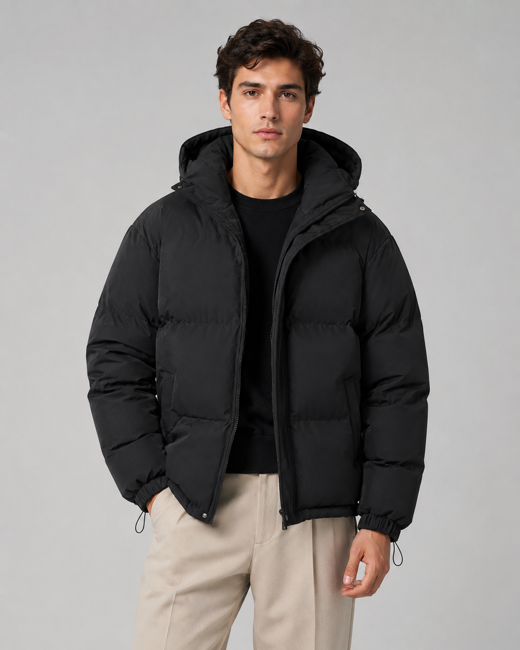 A man wearing a black insulated hooded puffer jacket, front view
