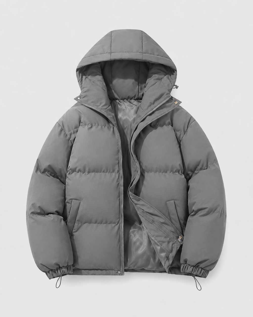 A gray insulated hooded puffer jacket with a padded design, shown from the front