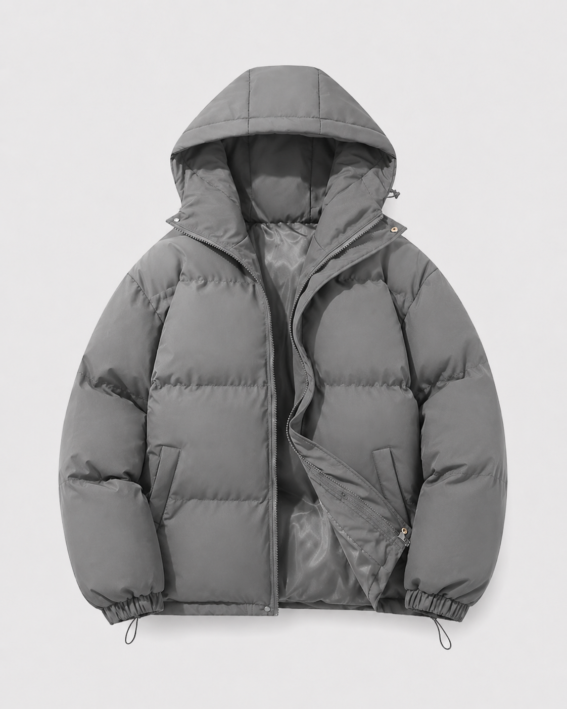 A gray insulated hooded puffer jacket with a padded design, shown from the front