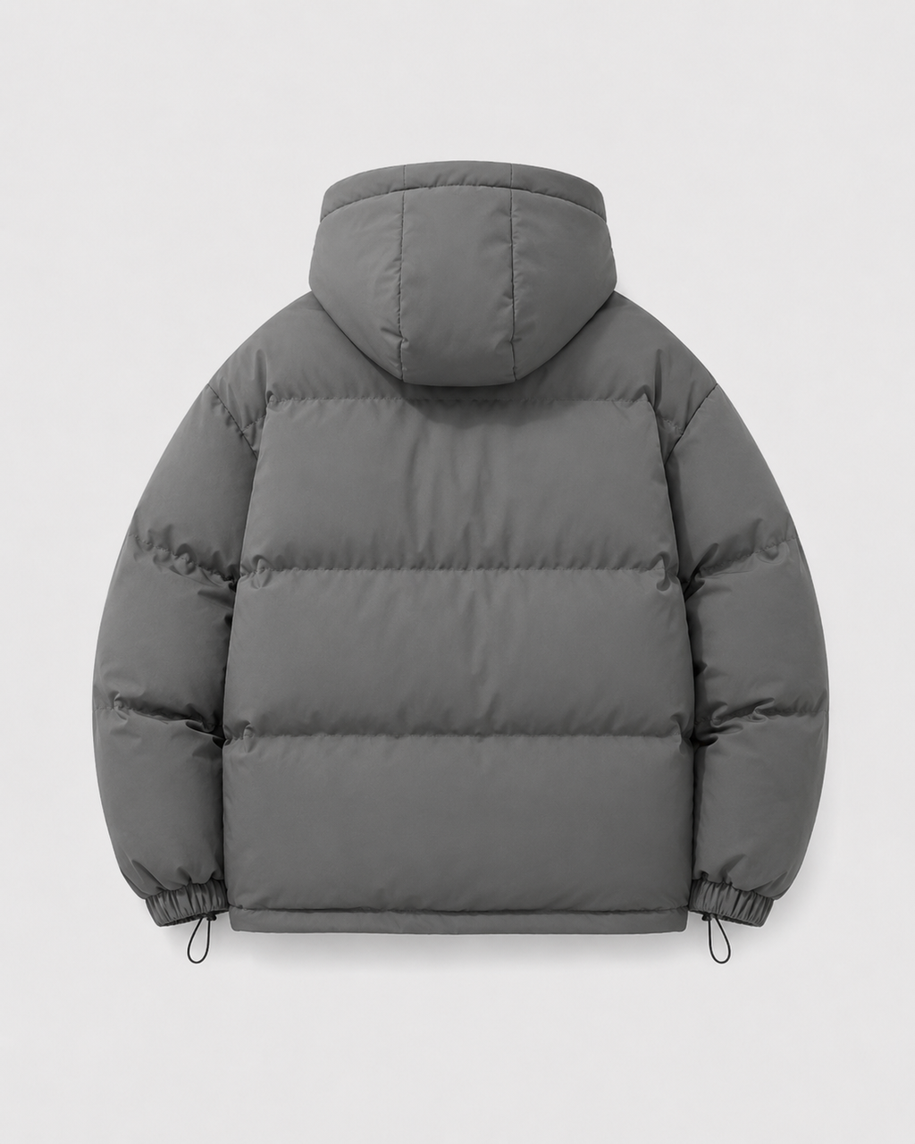 A gray insulated hooded puffer jacket with a padded design, shown from the back