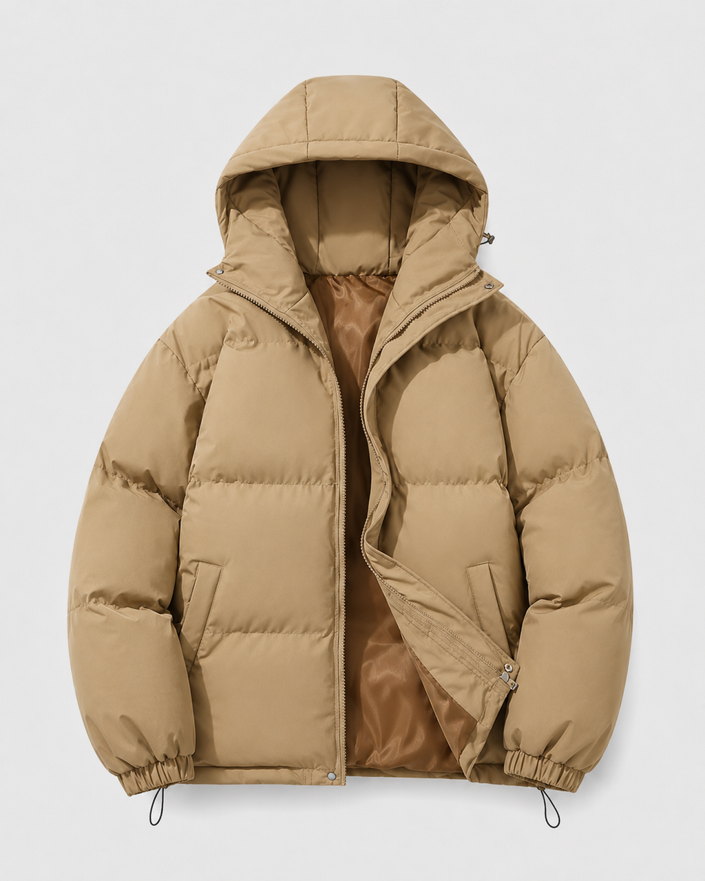 A tan insulated hooded puffer jacket with a padded design, shown from the front