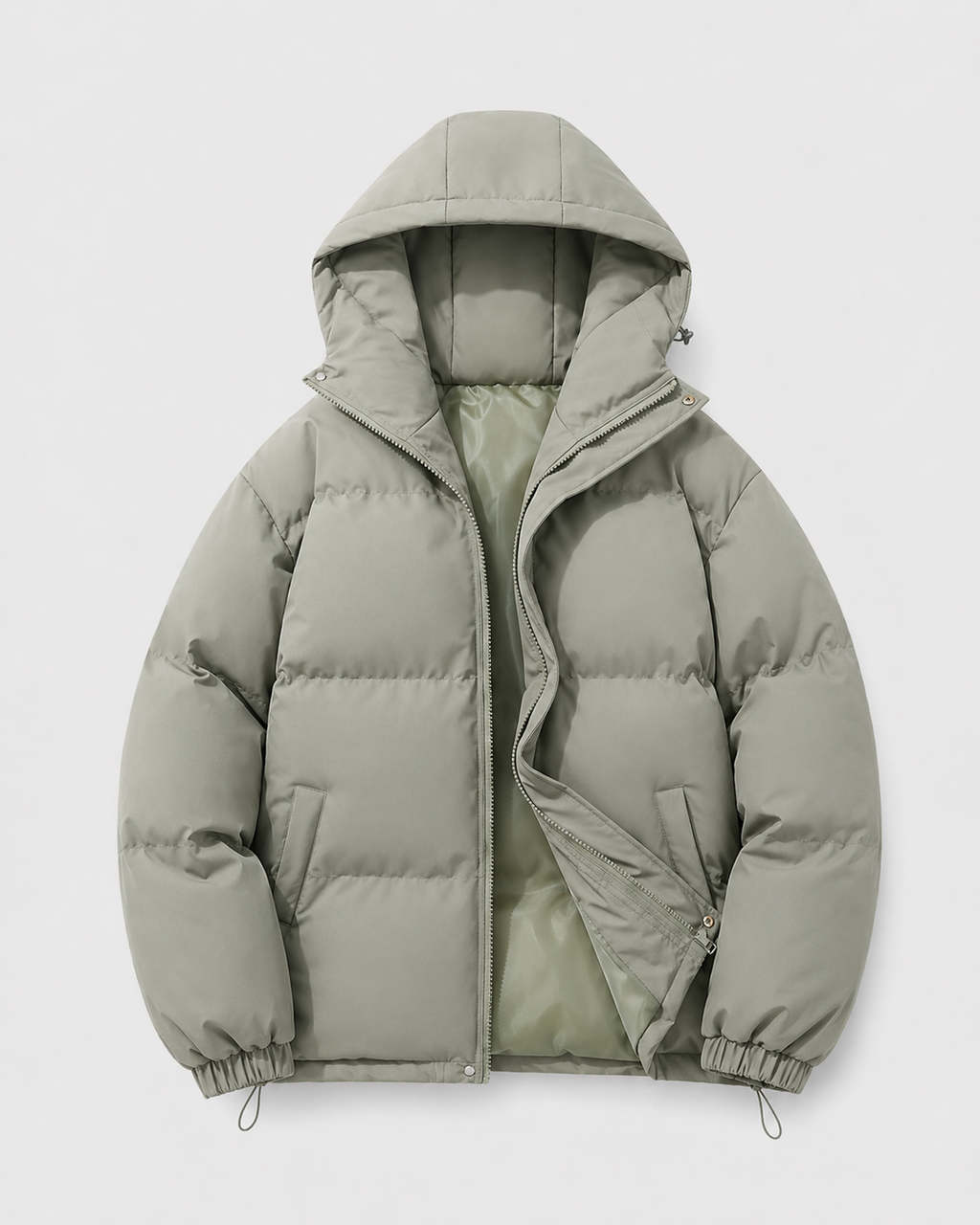 A sage green insulated hooded puffer jacket with a padded design, shown from the front