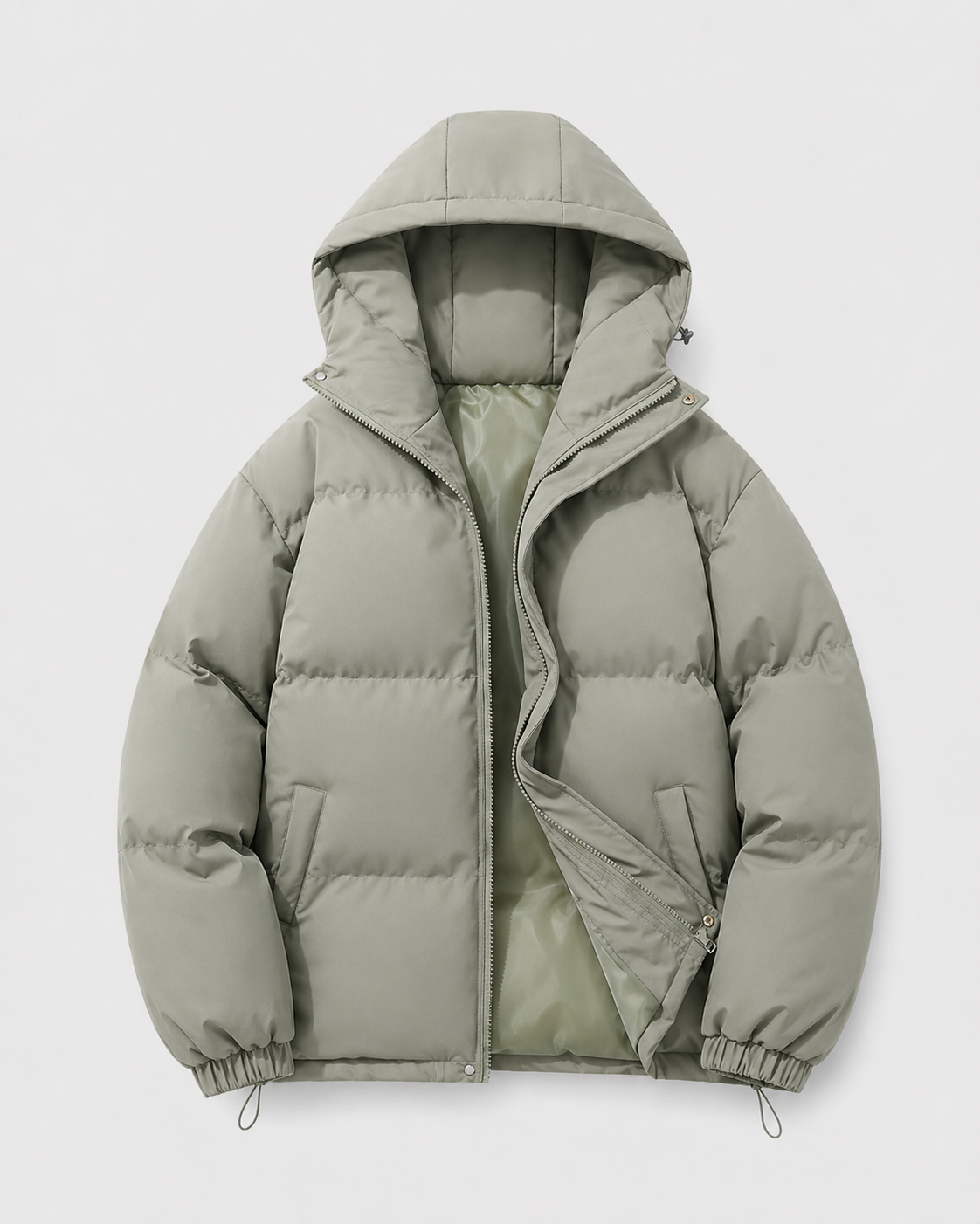 A sage green insulated hooded puffer jacket with a padded design, shown from the front