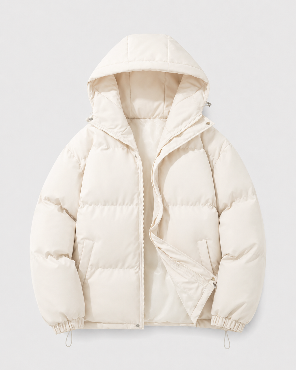 A white insulated hooded puffer jacket with a padded design, shown from the front