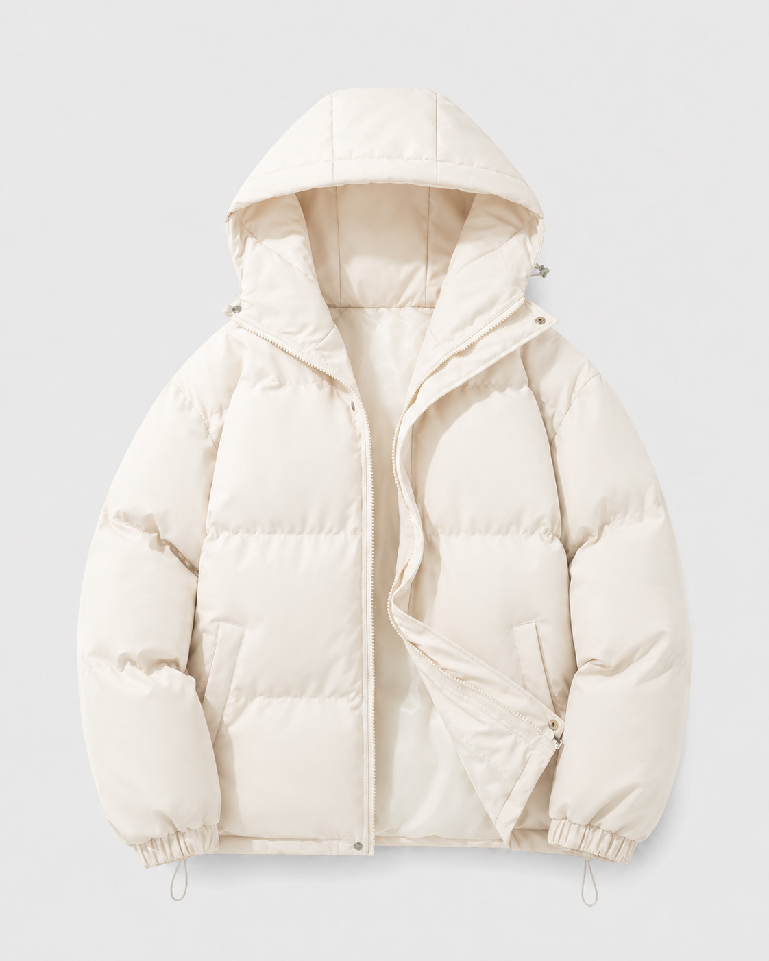A white insulated hooded puffer jacket with a padded design, shown from the front