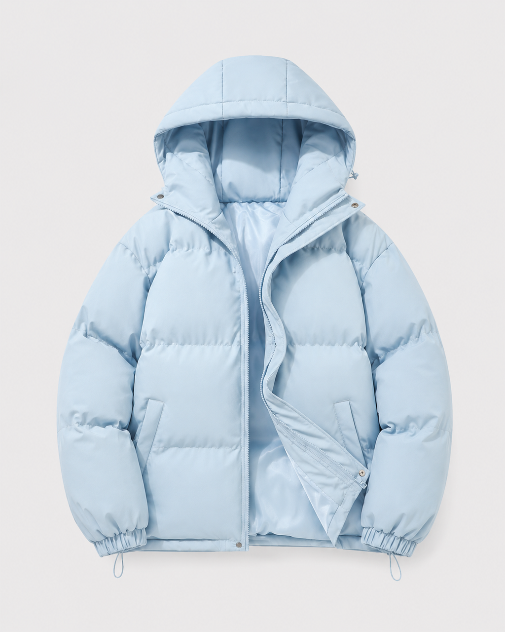 A light blue insulated hooded puffer jacket with a padded design, shown from the front