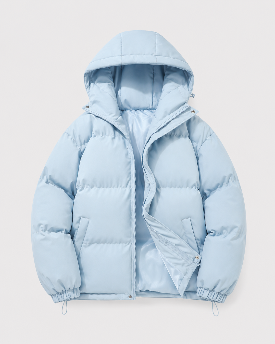 A light blue insulated hooded puffer jacket with a padded design, shown from the front