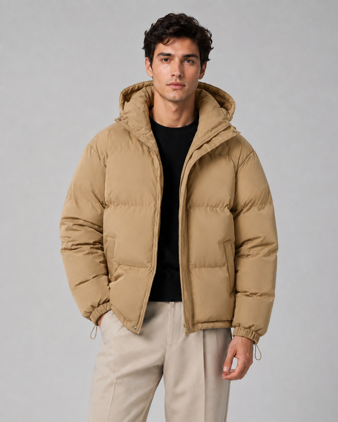 A man wearing a tan insulated hooded puffer jacket with a padded design and drawstring hem
