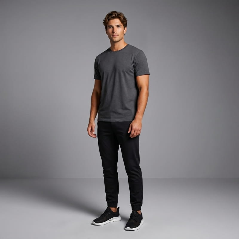 Full-body shot of a man in a gray t-shirt and black joggers wearing black mesh sneakers, studio background