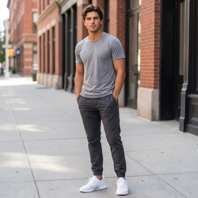Full-body shot of a man in a gray t-shirt and dark joggers wearing white mesh sneakers, standing on a city sidewalk