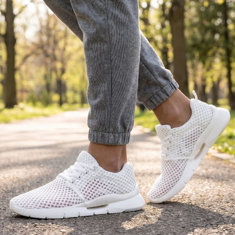 Person wearing white mesh sneakers and gray joggers walking on a path through the woods