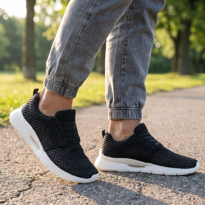 Person wearing black mesh sneakers and gray jeans walking on a paved park path