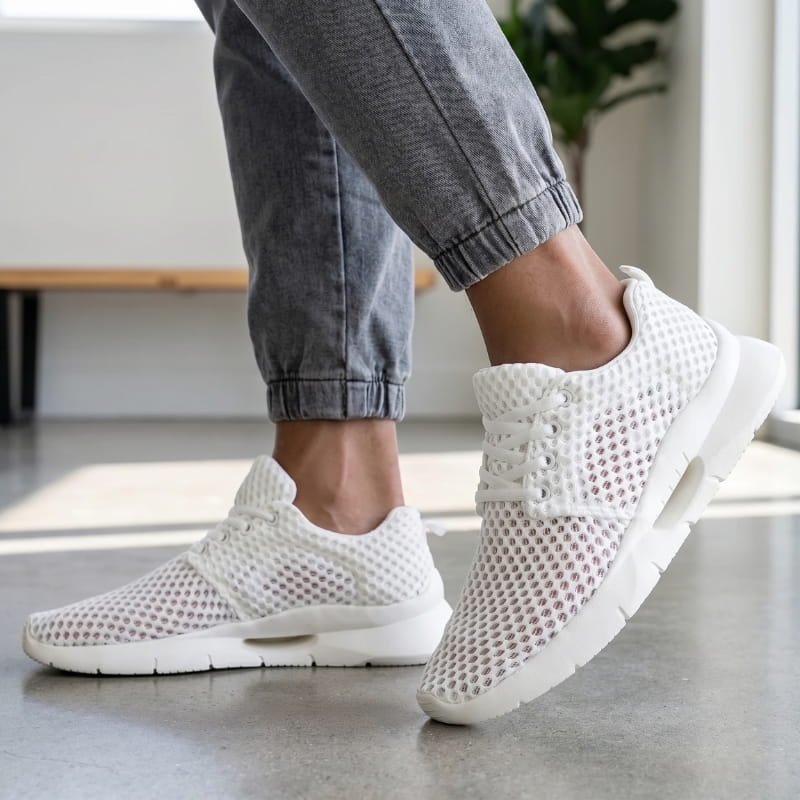 Person wearing white mesh sneakers and gray joggers standing on a polished concrete floor indoors