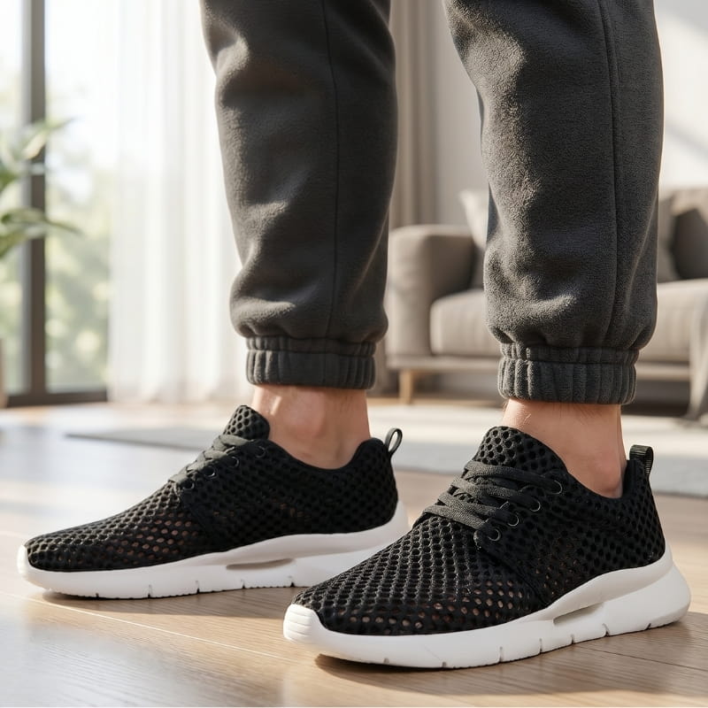 Person wearing black mesh sneakers and gray sweatpants standing on a wood floor near a bright window