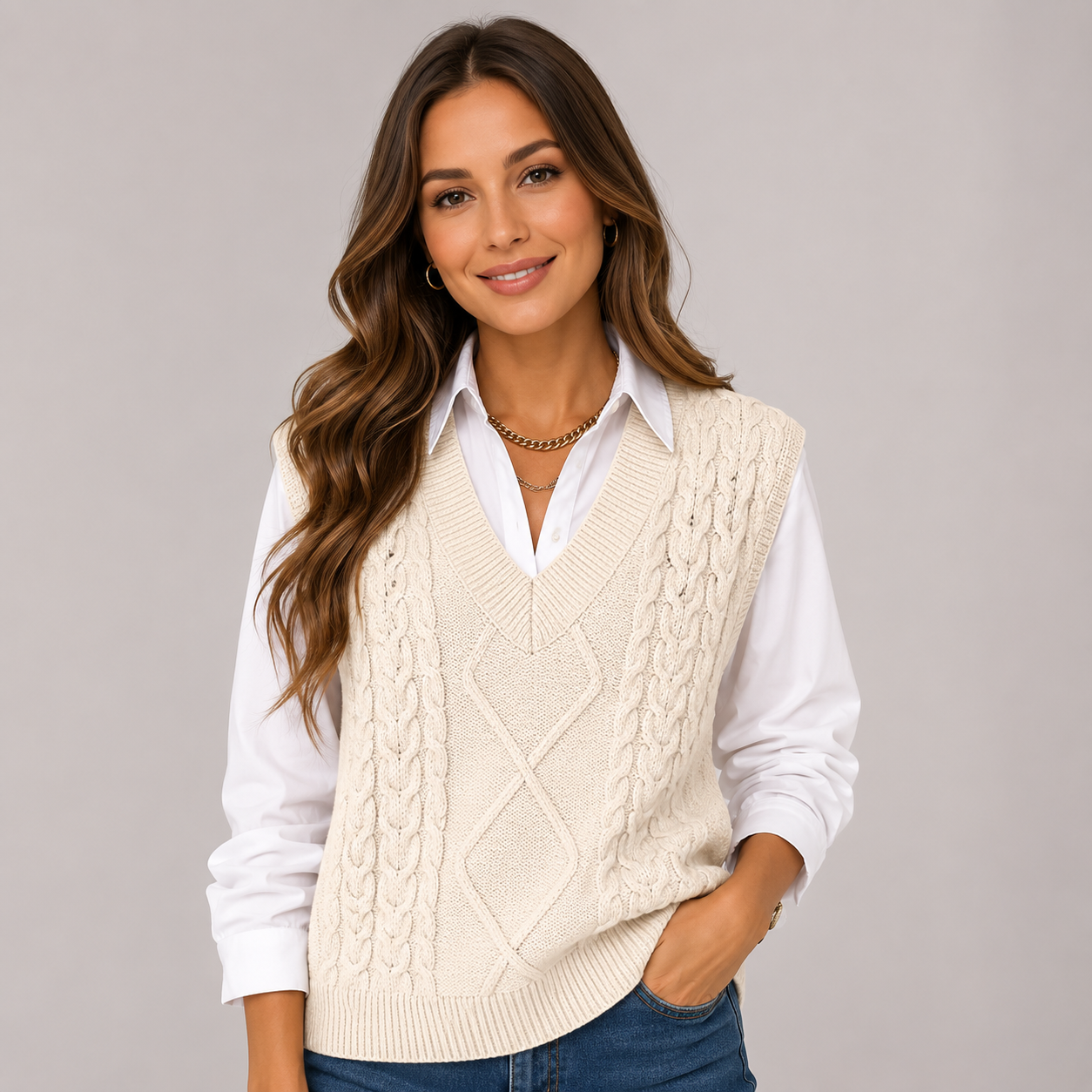 Woman wearing a light beige cable knit sweater vest featuring a V-neck, sleeveless silhouette, and a white long-sleeve button-up shirt.