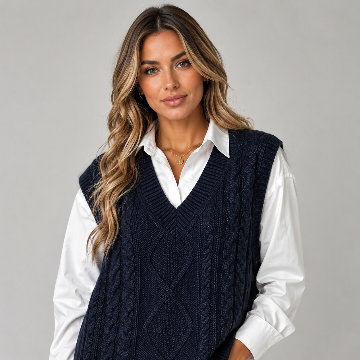 Woman wearing a navy cable knit sweater vest with a V-neck, textured knit pattern, and a white collared shirt.