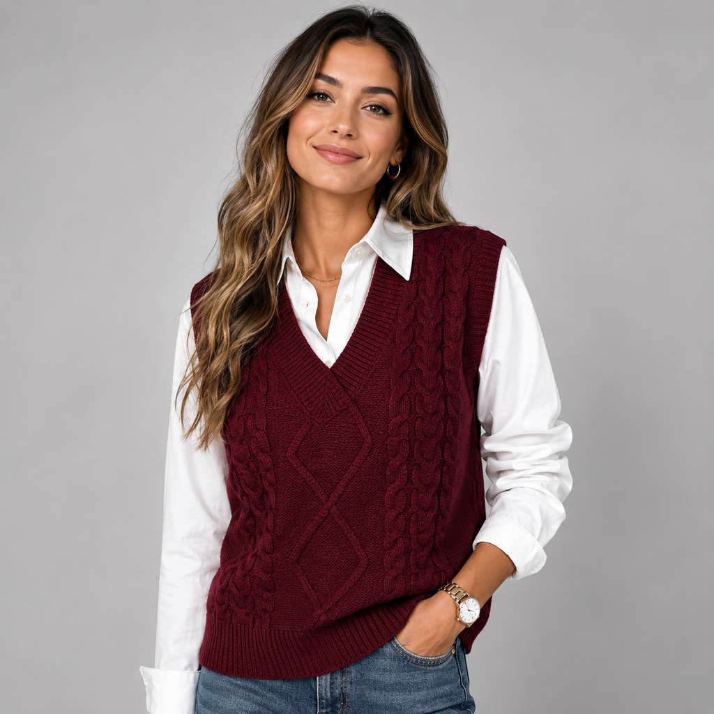 Woman wearing a burgundy cable knit sweater vest featuring a V-neck, sleeveless design, and a white button-up shirt.
