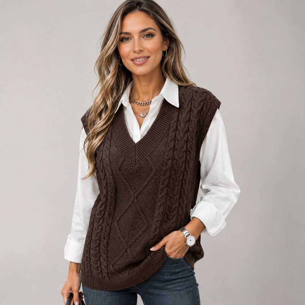 Woman wearing a brown cable knit sweater vest with a V-neck, textured knit design, and a white collared shirt.