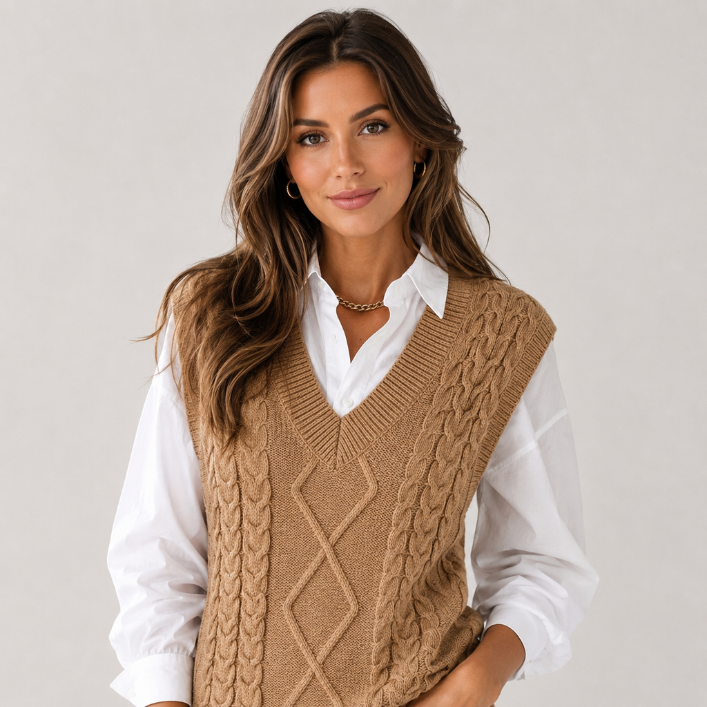 Woman wearing a camel cable knit sweater vest with a V-neck, sleeveless silhouette, and a white long-sleeve button-up shirt.