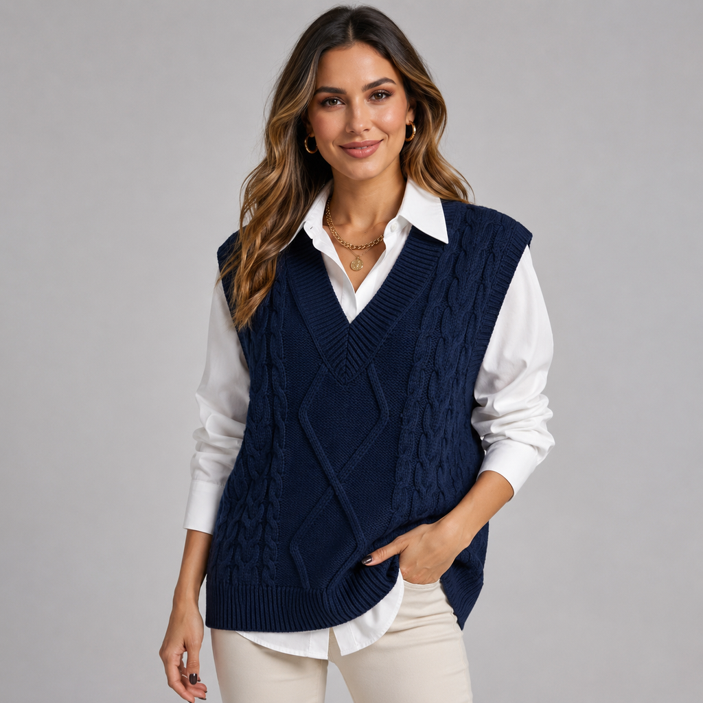 Woman wearing a navy cable knit sweater vest featuring a V-neck, ribbed trim, and a white collared shirt.
