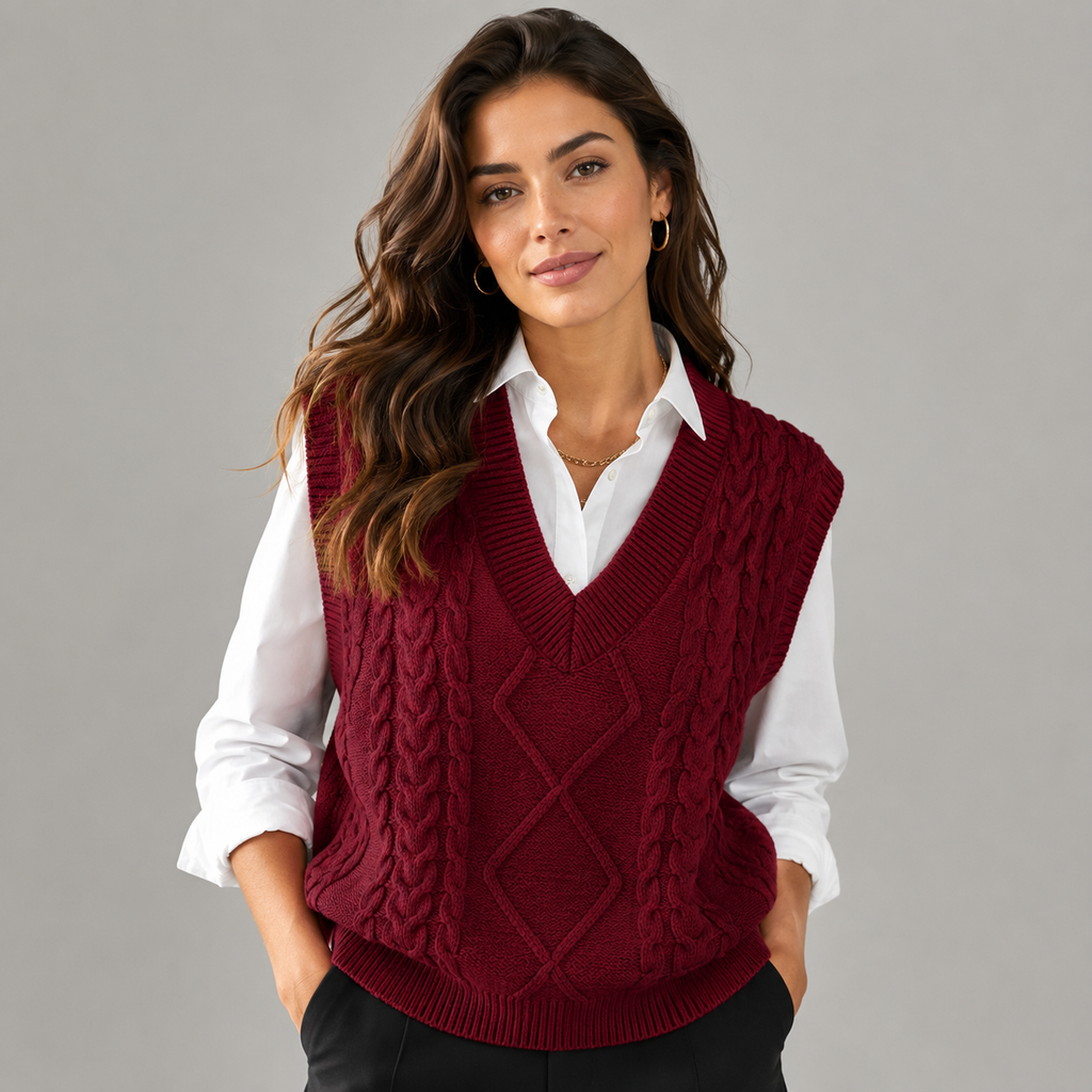 Woman wearing a wine red cable knit sweater vest with a V-neck, cable knit texture, and a white button-up shirt.
