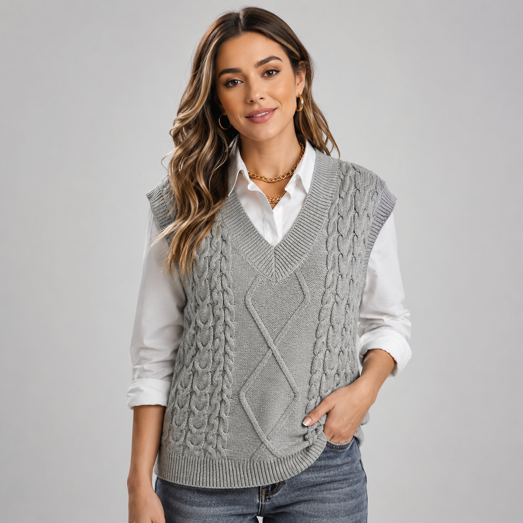 Woman wearing a gray cable knit sweater vest with a V-neck, sleeveless design, ribbed trim, and a white button-up shirt underneath.