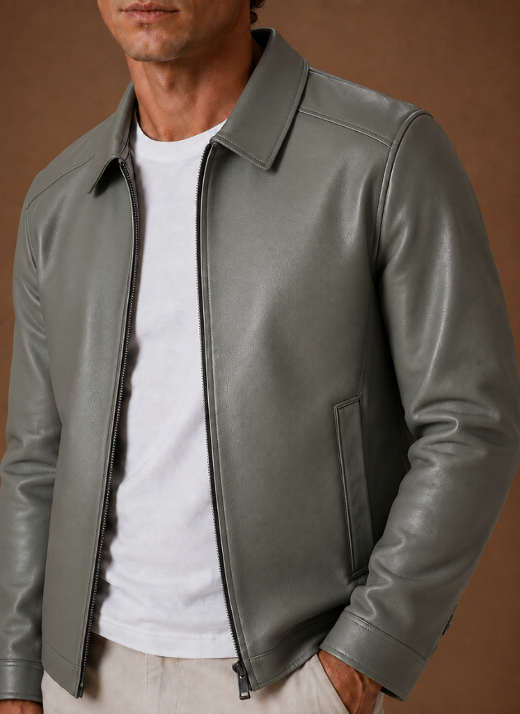 Close-up of a man wearing a green 
leather jacket featuring a classic shirt collar, zip-front closure, and smooth leather finish.