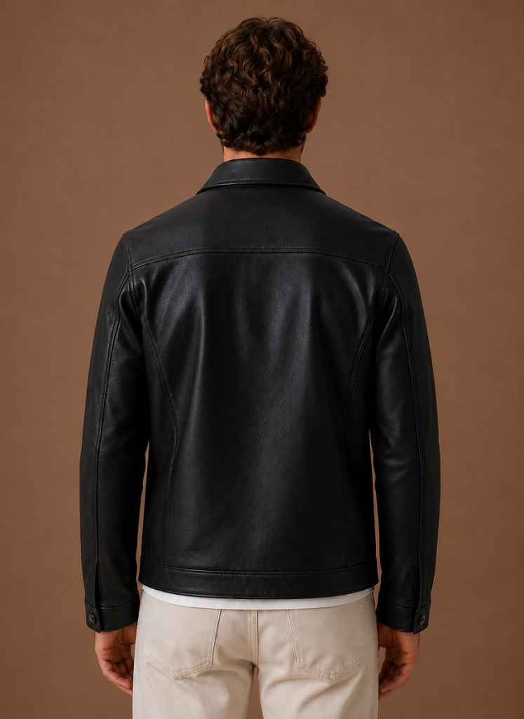 Rear view of a man wearing a black leather jacket with a classic shirt collar and streamlined design.