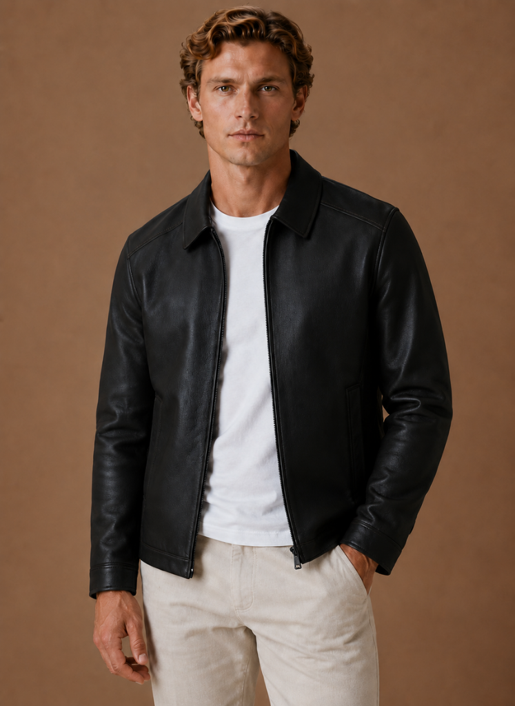 Man wearing a black leather jacket with a shirt collar, zip-front closure, and minimalist styling over a white T-shirt.
