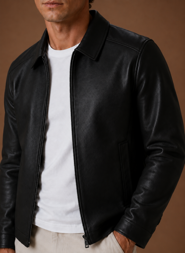 Close-up of a black leather jacket featuring a classic shirt collar, zip-front closure, and premium smooth leather finish.