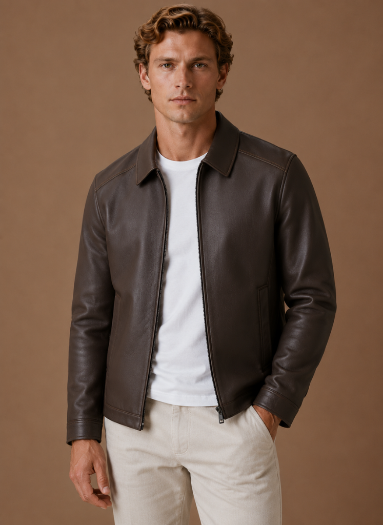 Man wearing a dark brown leather jacket with a shirt collar, zip-front closure, and tailored fit over a white T-shirt.