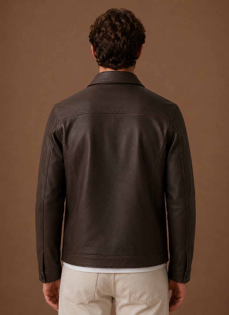 Back view of a man wearing a dark brown leather jacket with a classic shirt collar and clean minimalist design.